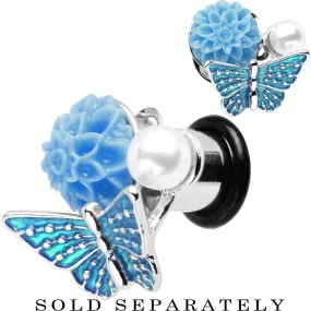 0 Gauge Blue Acrylic Flower Aqua Butterfly Single Flare Steel Plug