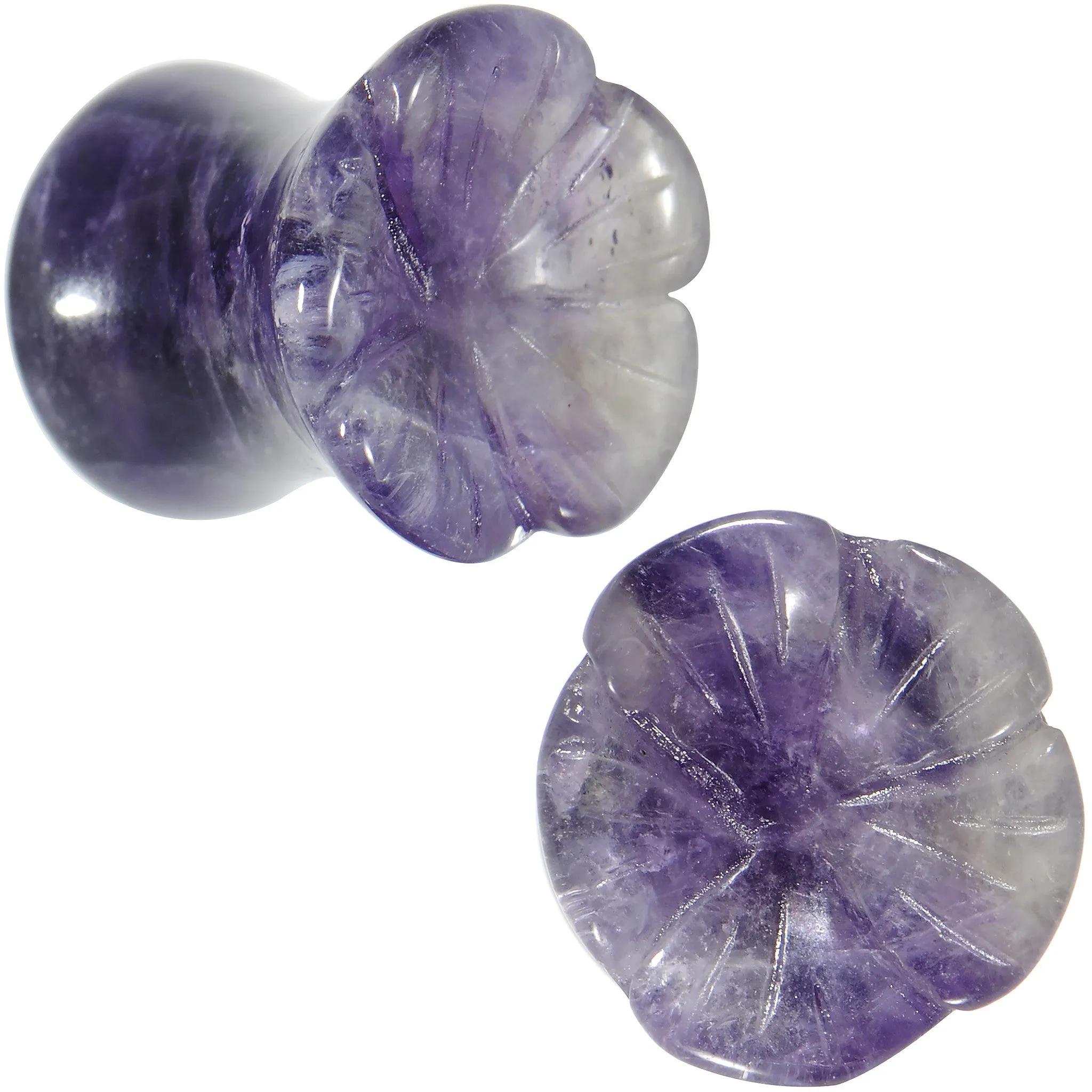 0 Gauge Natural Amethyst Stone Carved Flower Saddle Plug Set