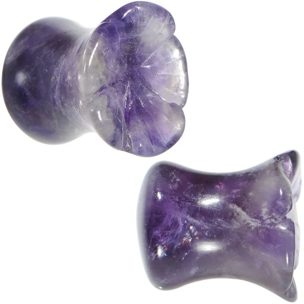 0 Gauge Natural Amethyst Stone Carved Flower Saddle Plug Set