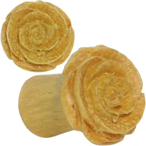 0 Gauge Organic Jackfruit Wood Yellow Rosebud Hand Carved Plug Set