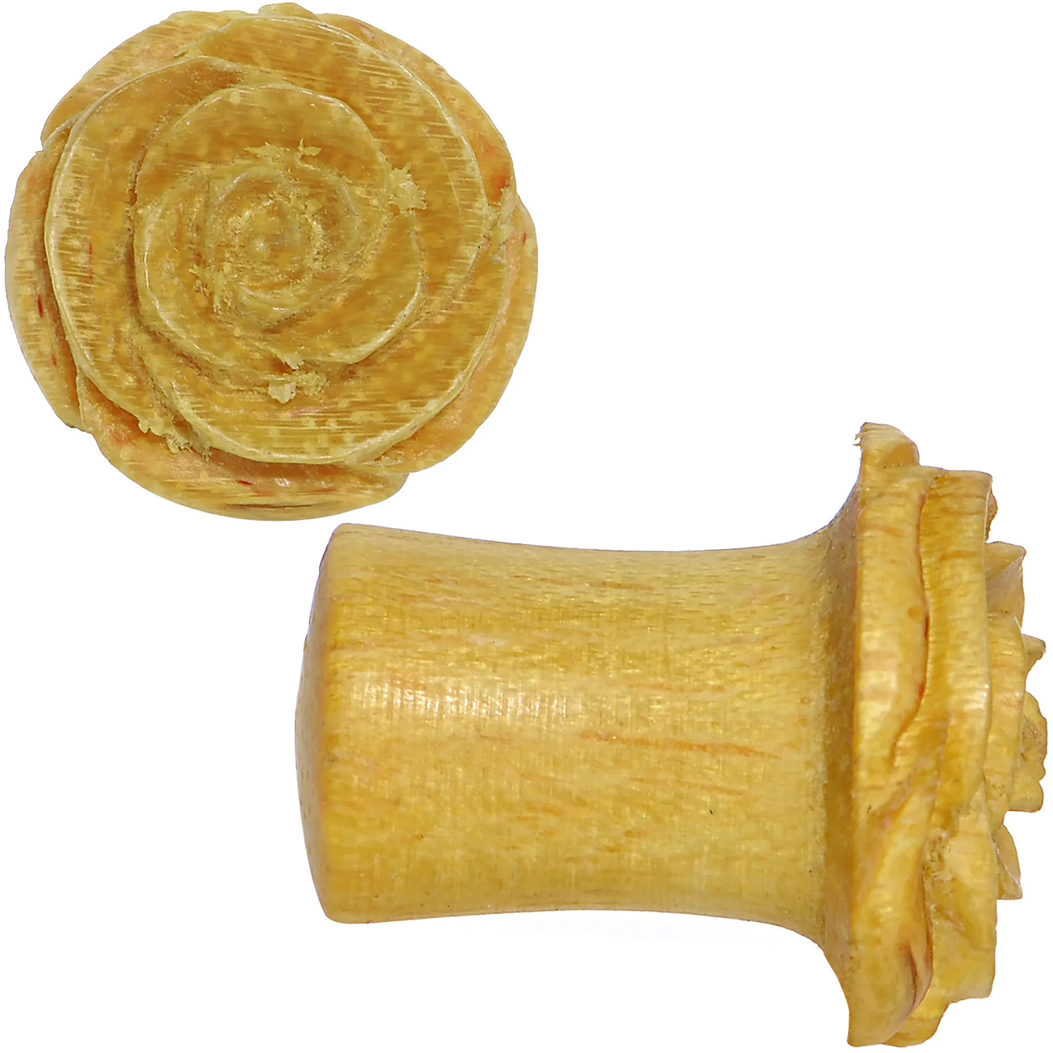 0 Gauge Organic Jackfruit Wood Yellow Rosebud Hand Carved Plug Set