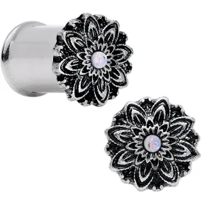 0 Gauge White Synthetic Opal Steel Flower Frame Double Flare Plug Set