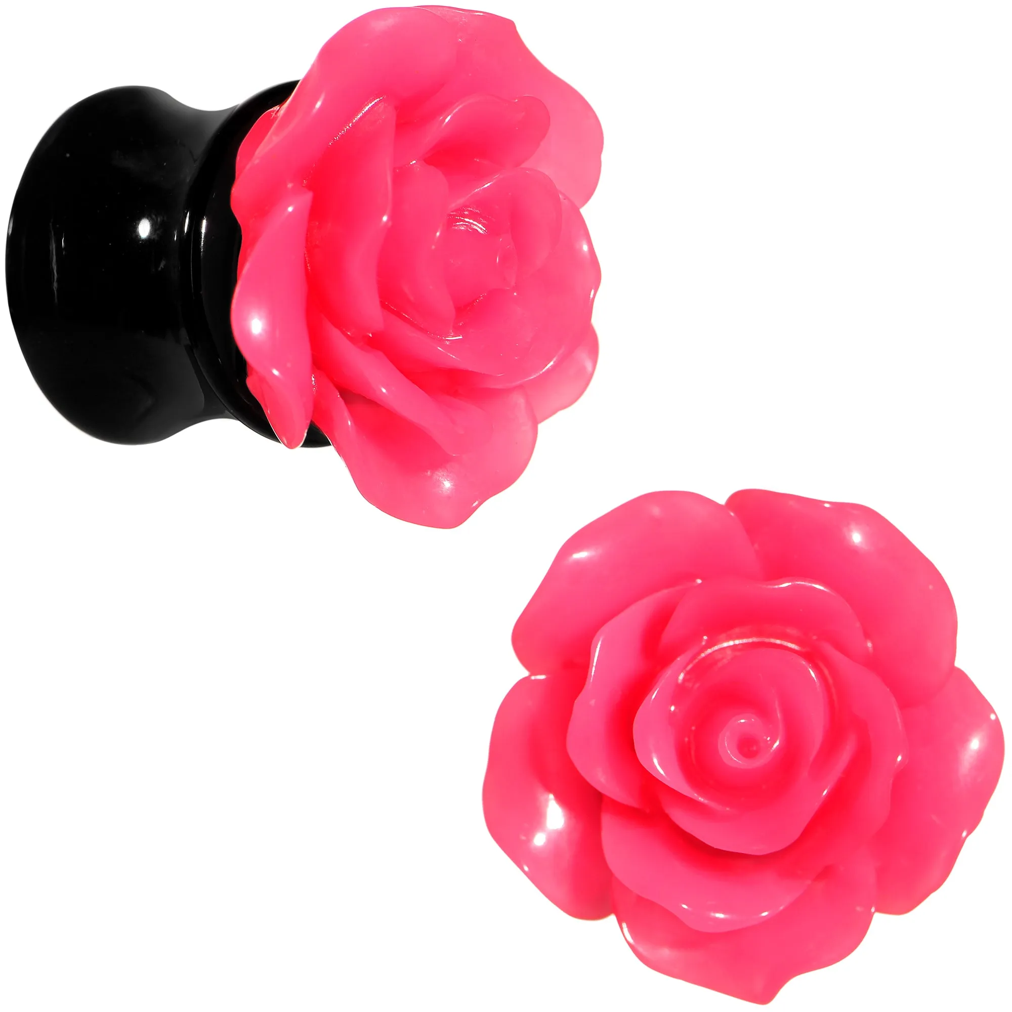 00 Gauge Acrylic Black Neon Pink Rose Flower Saddle Plug Set