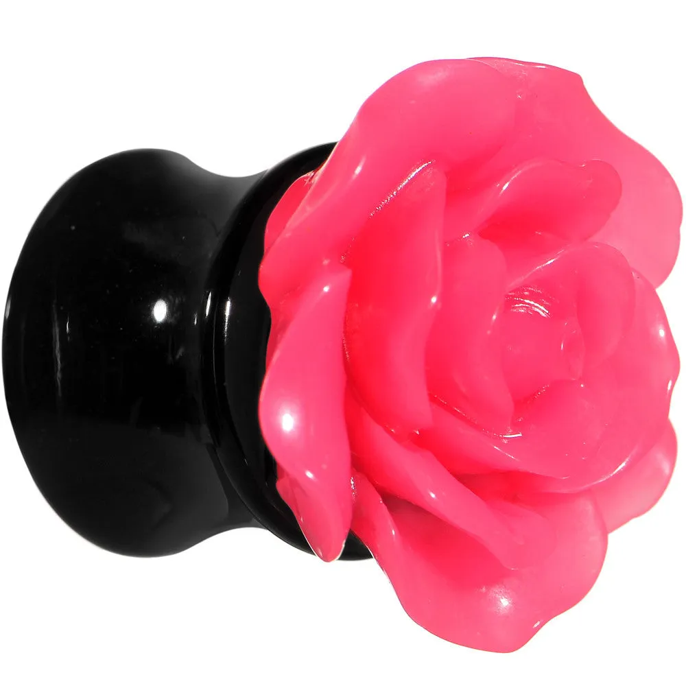 00 Gauge Acrylic Black Neon Pink Rose Flower Saddle Plug Set