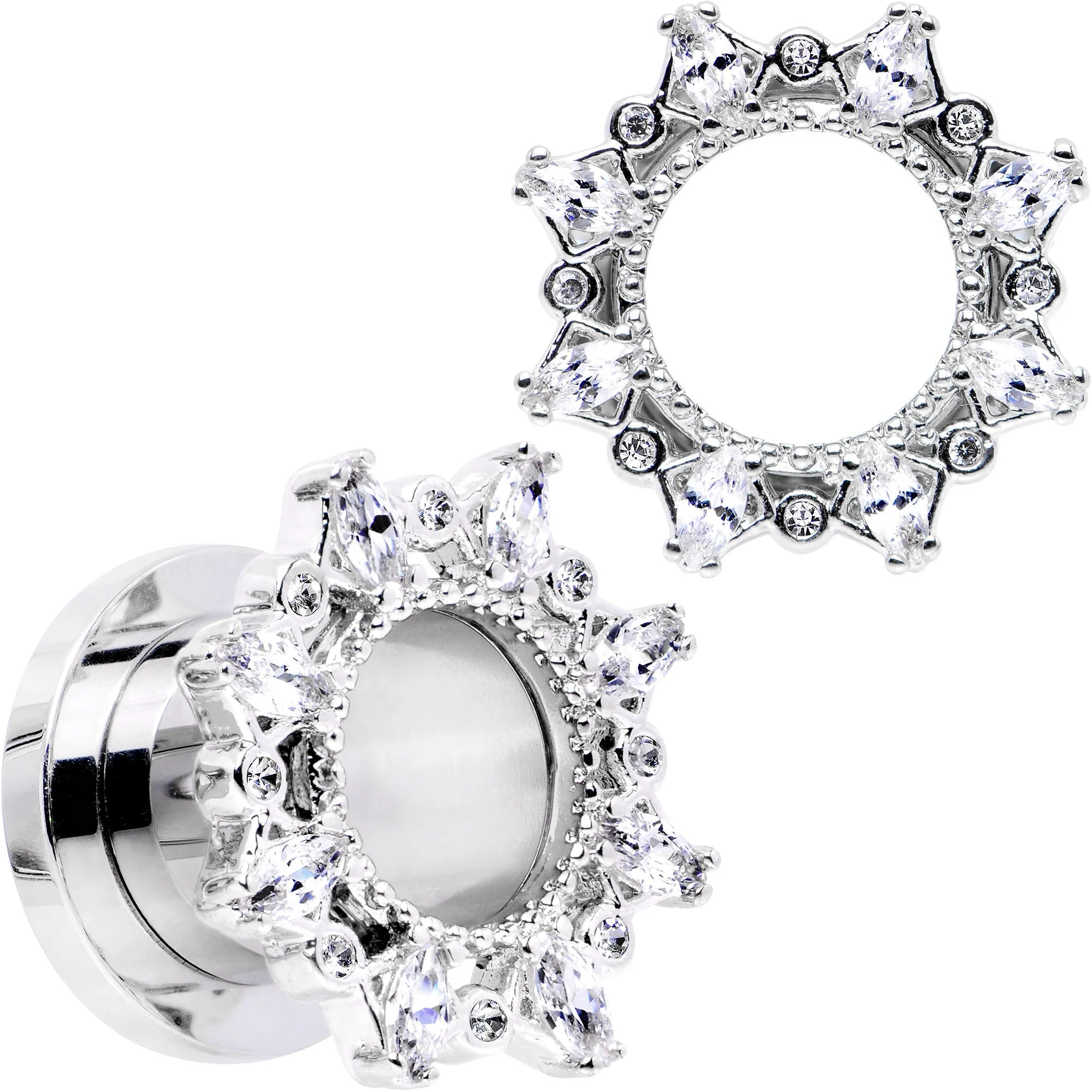 00 Gauge Clear Gem Flower Frame Screw Fit Tunnel Plug Set