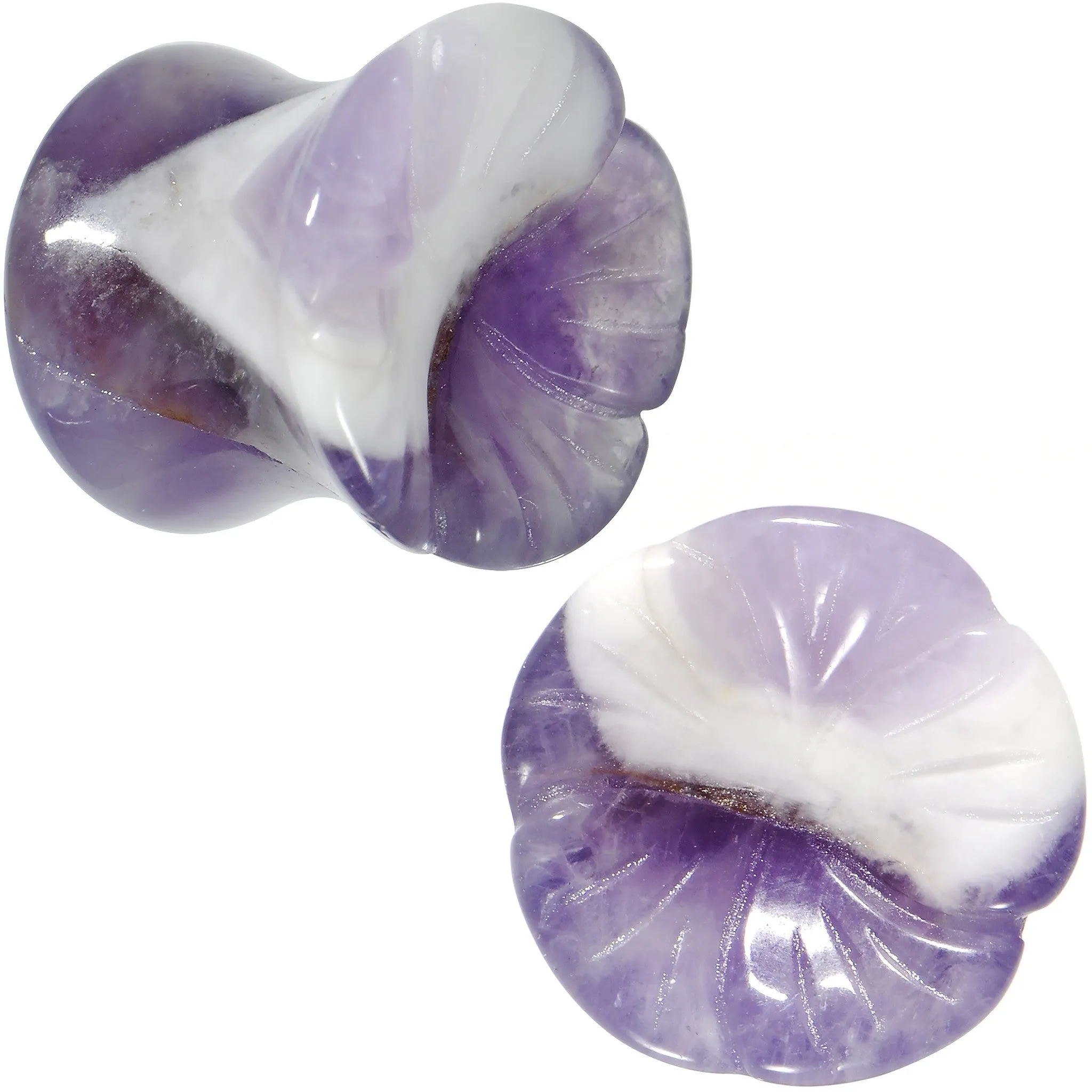 00 Gauge Natural Amethyst Stone Carved Flower Saddle Plug Set