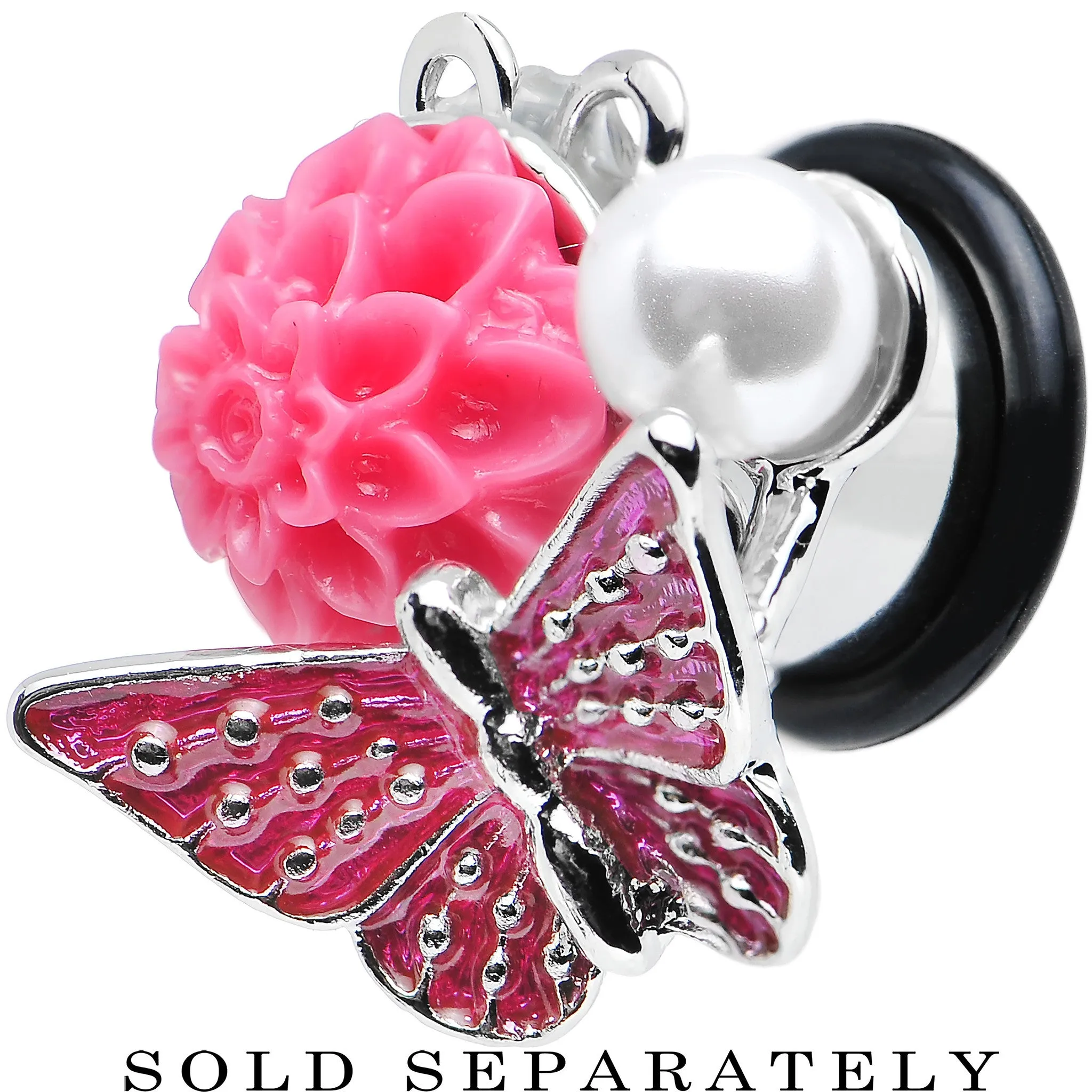 00 Gauge Pink Acrylic Flower Pink Butterfly Single Flare Steel Plug