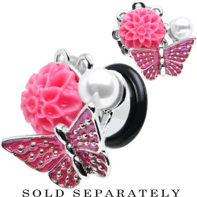 00 Gauge Pink Acrylic Flower Pink Butterfly Single Flare Steel Plug