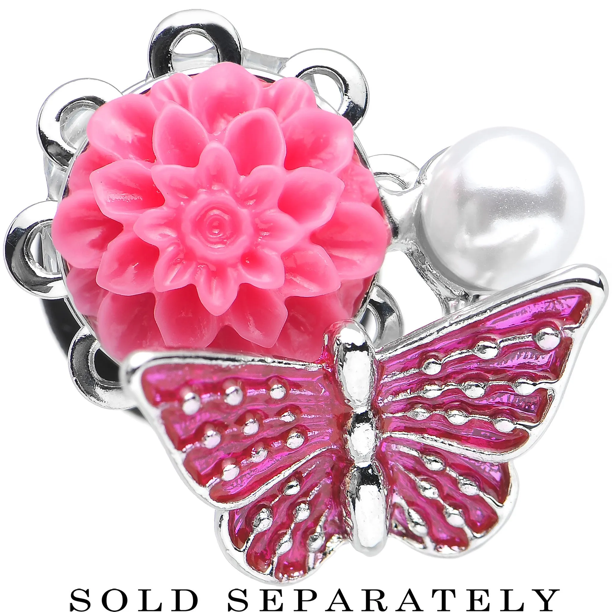 00 Gauge Pink Acrylic Flower Pink Butterfly Single Flare Steel Plug