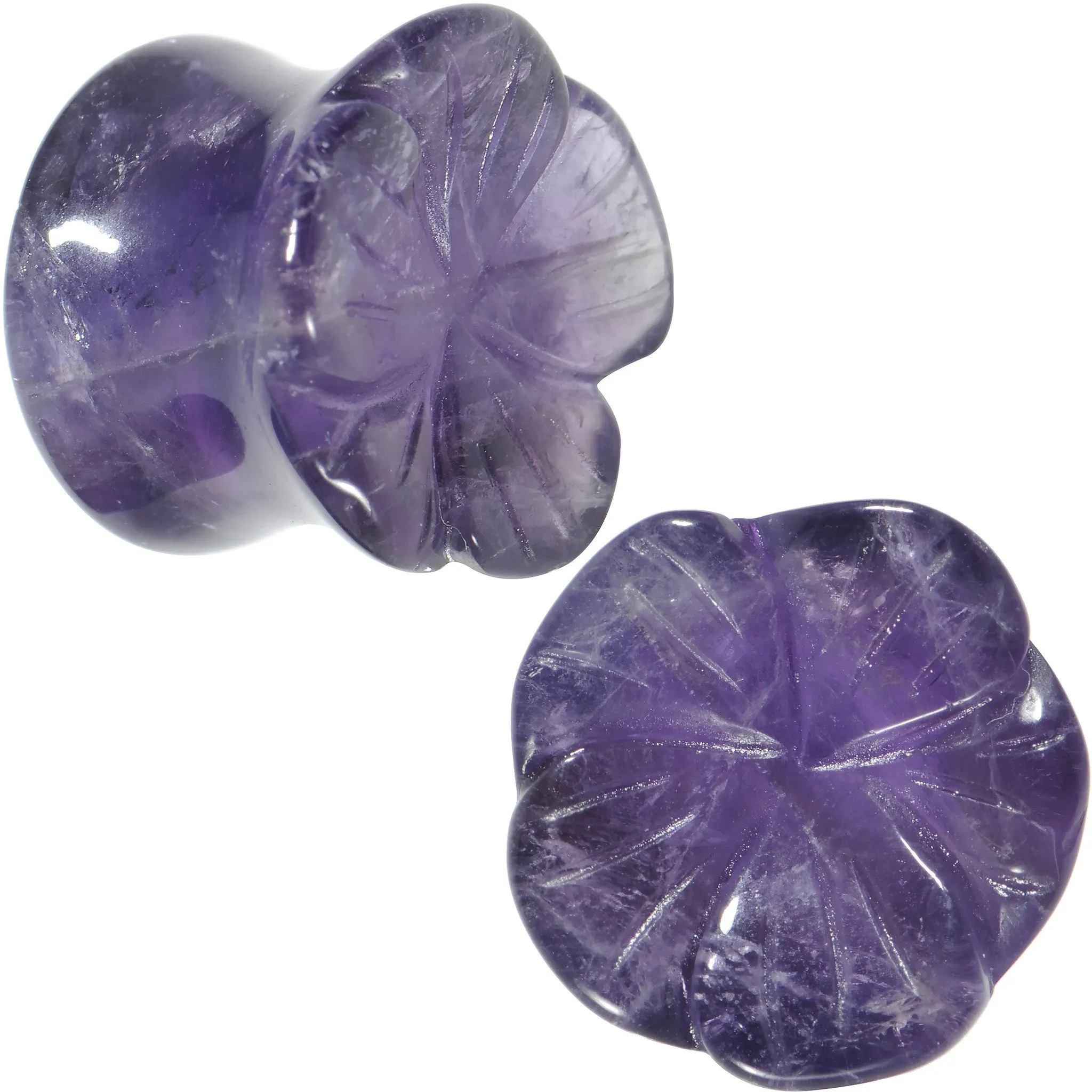 1/2 Natural Amethyst Stone Carved Flower Saddle Plug Set