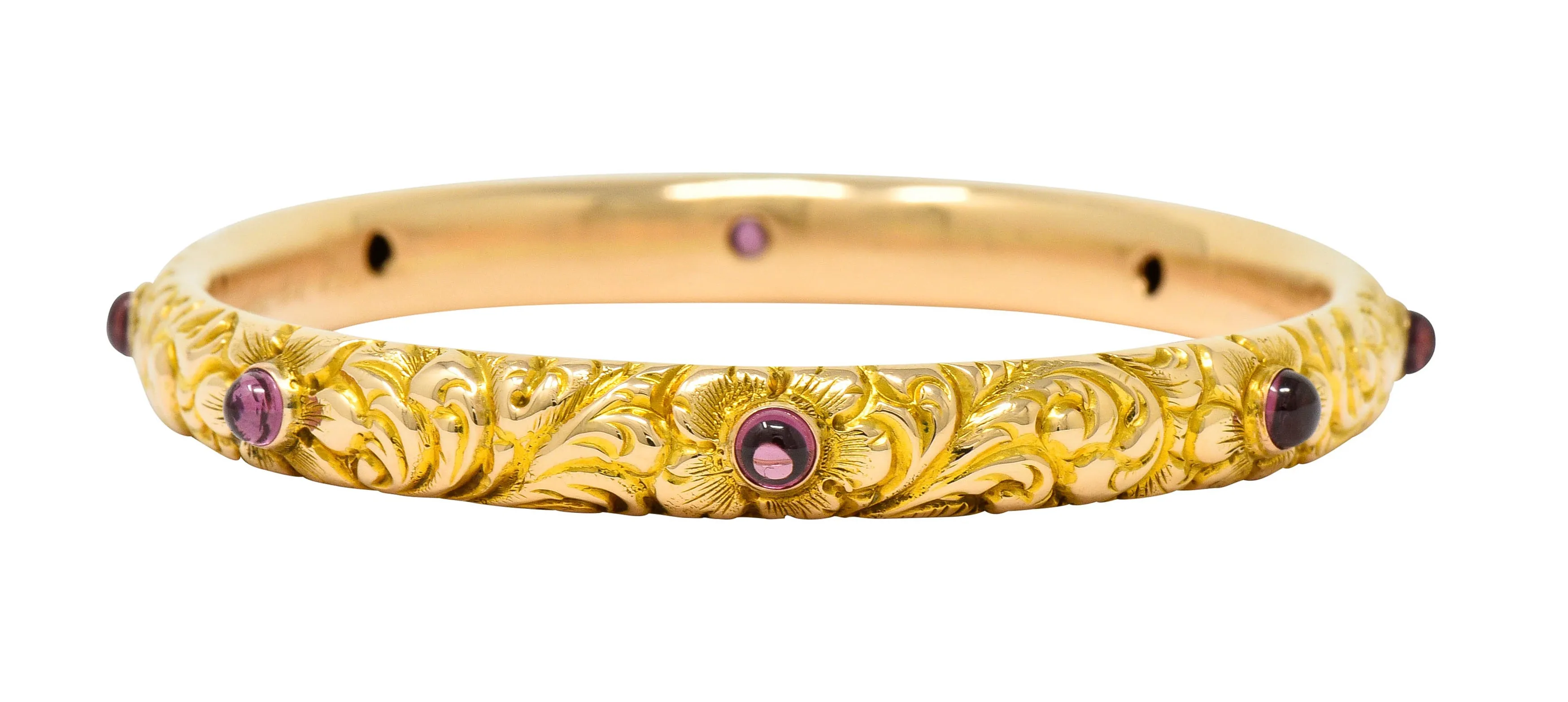 1900's Victorian Garnet Cabochon 14 Karat Gold Floral Foliate Bangle Bracelet