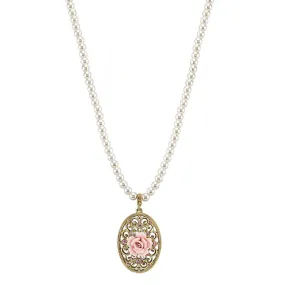 1928 Bridal 6mm Faux Pearl Strand Pink Porcelain Rose Crystal Oval Filigree Pendant Necklace 15"   3" Extender