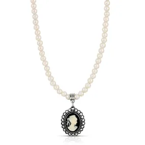 1928 Jewelry Black & White Cameo Pendant 4mm Faux Pearl Strand Necklace Necklace 15"   3" Extension