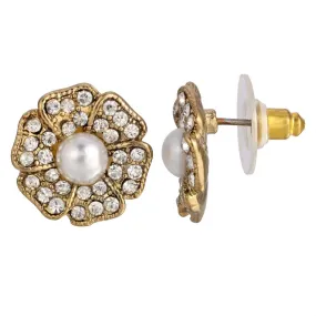 1928 Jewelry Clear Crystal And Faux Pearl Flower Button Earrings