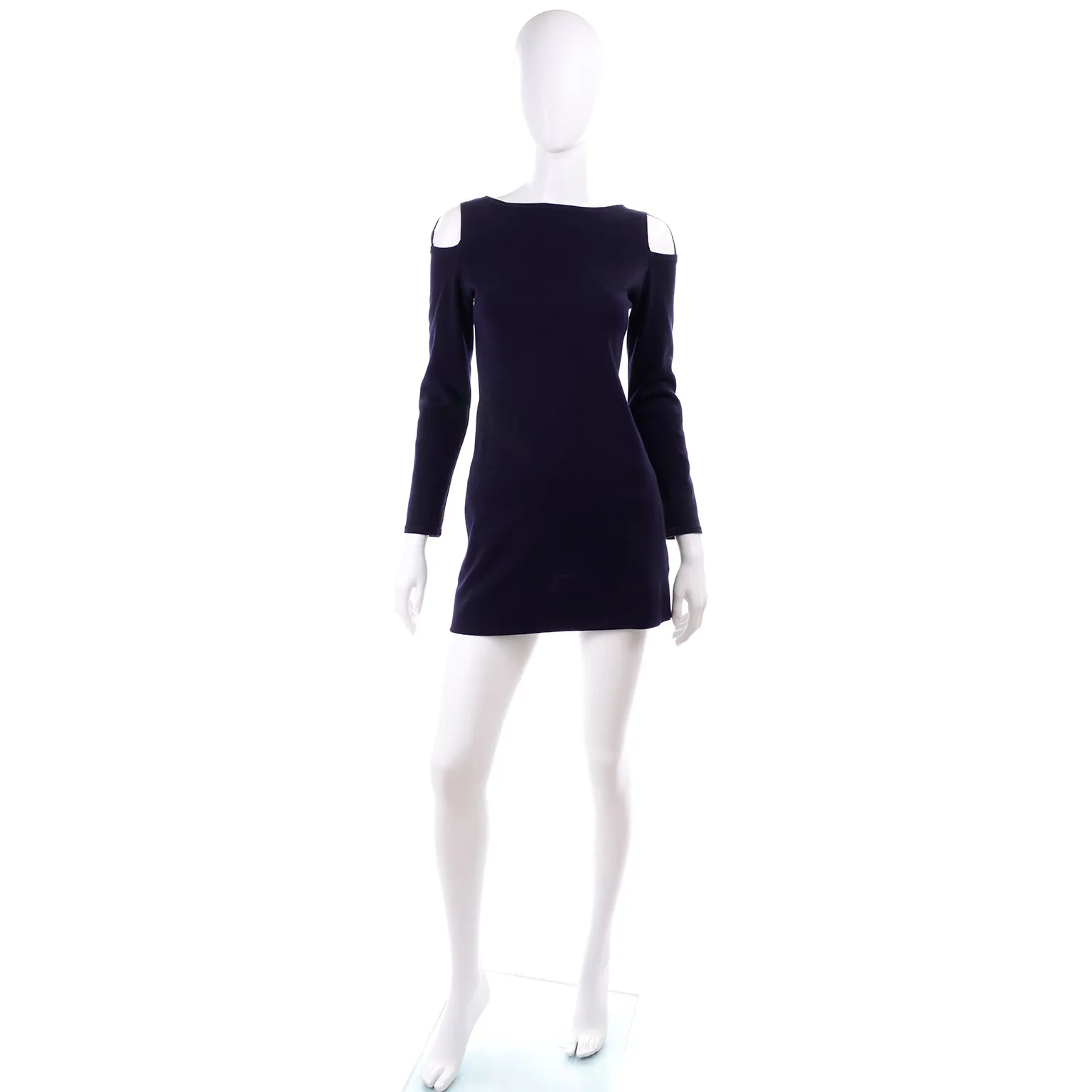 1960s Rudi Gernreich Vintage Mini Dress in Navy Blue Wool w/ Open Shoulders