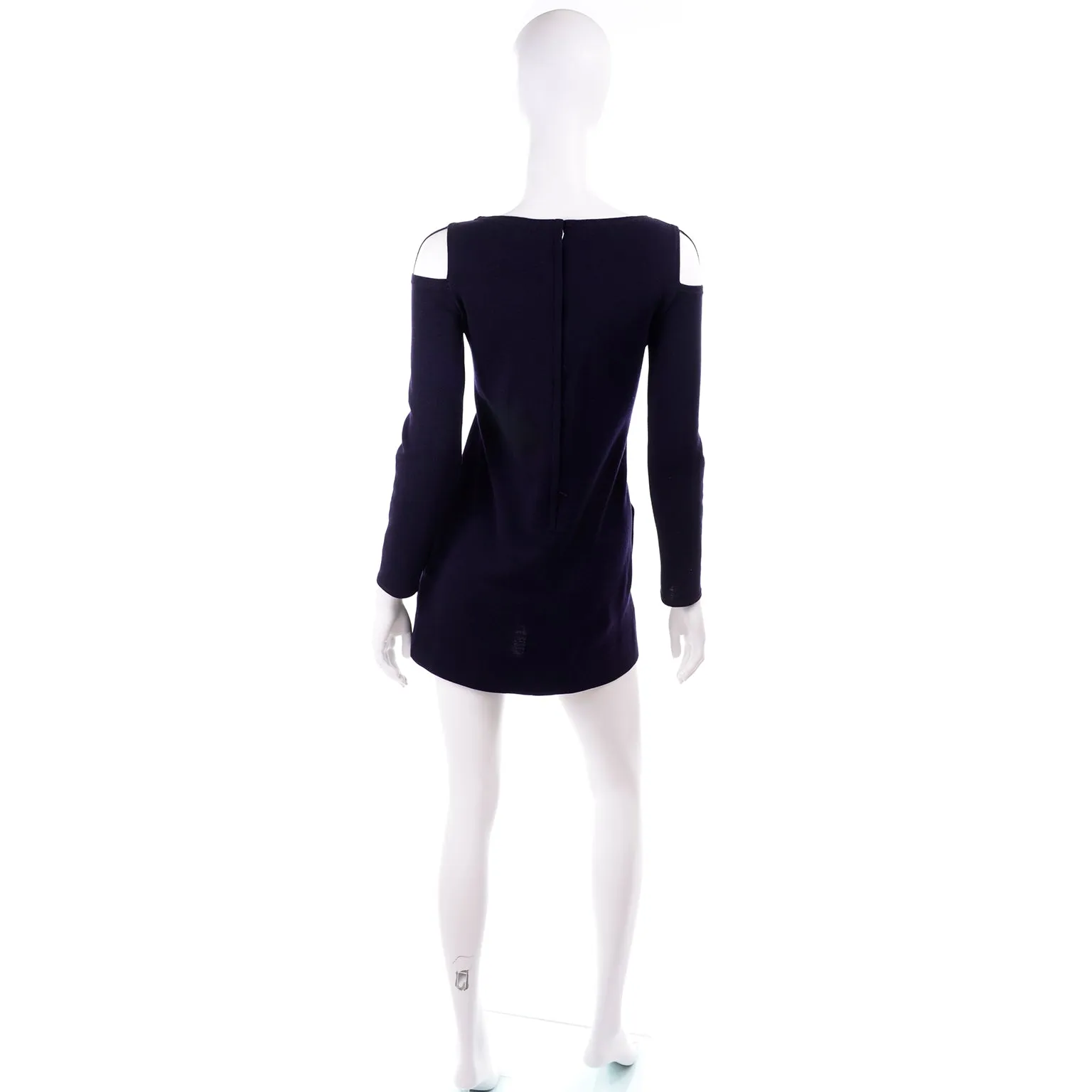 1960s Rudi Gernreich Vintage Mini Dress in Navy Blue Wool w/ Open Shoulders