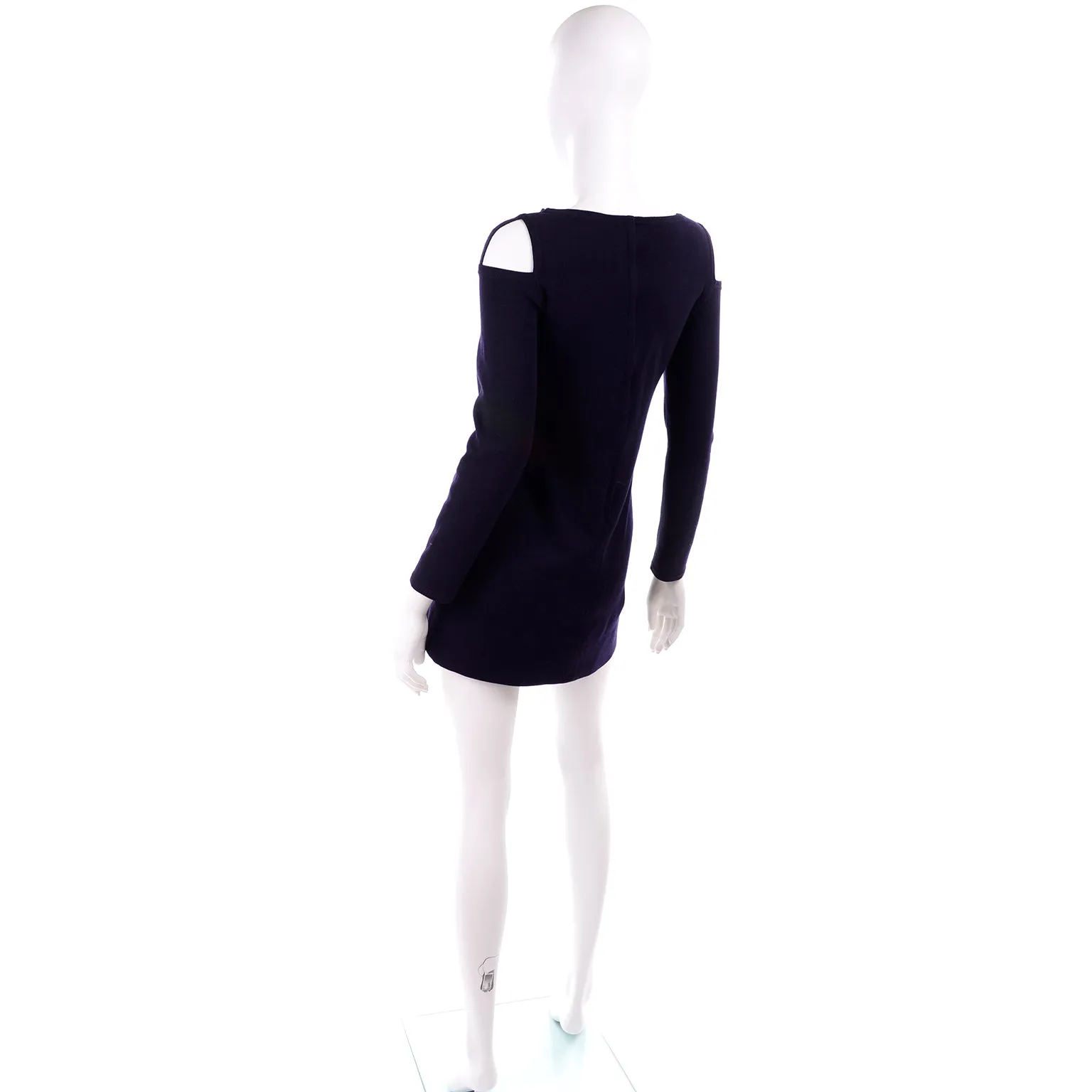 1960s Rudi Gernreich Vintage Mini Dress in Navy Blue Wool w/ Open Shoulders