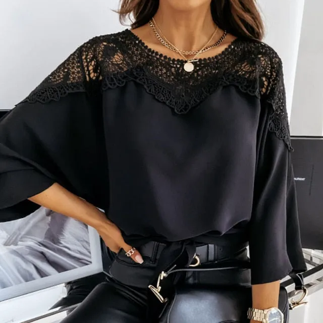 2021 Spring Lace Crochet Blouse Shirt Fashion Women O Neck Batwing Sleeve Pullover Tops Sizes S - 2 XL