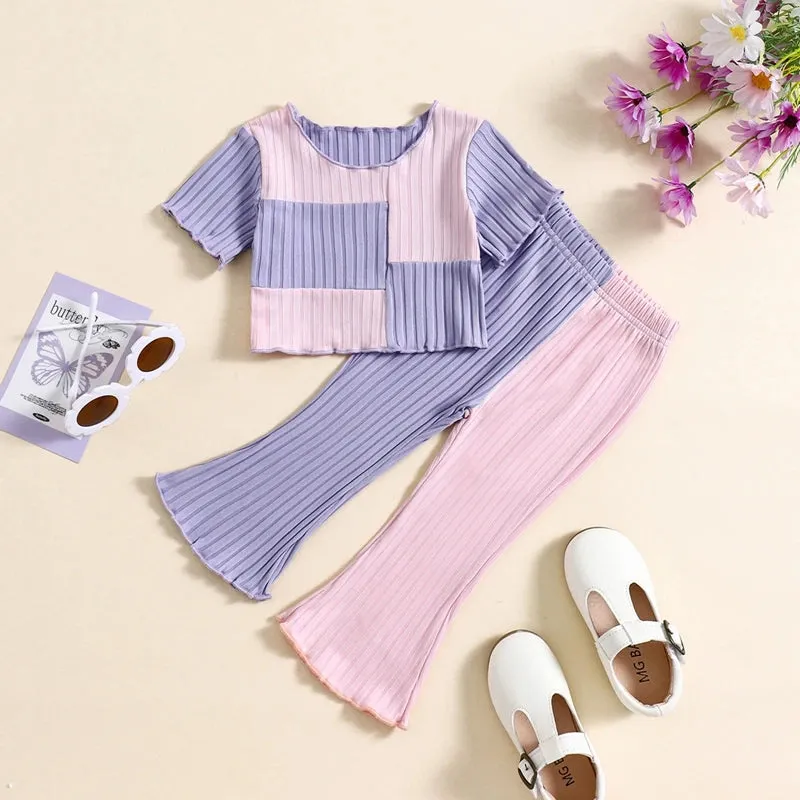 2pcs Short Sleeve Contrast Color Ribbed T Shirts   Flare Pants