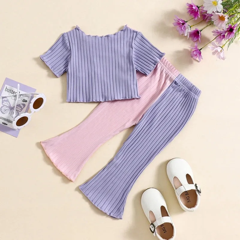 2pcs Short Sleeve Contrast Color Ribbed T Shirts   Flare Pants