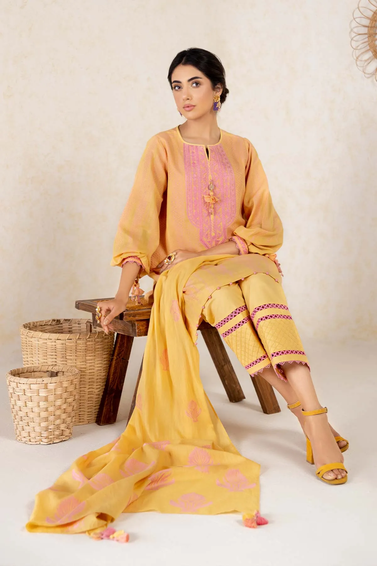 3 Pc Embroidered Jacquard Suit With Jacquard Dupatta