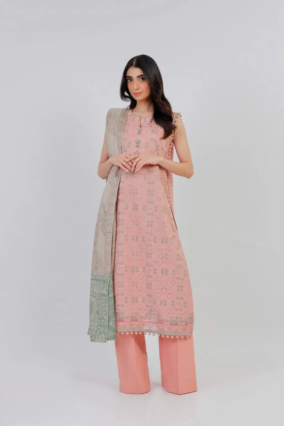 3 Pc Embroidered Khaddar Suit With Shawl