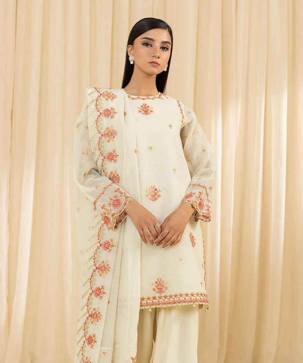 3 Piece -  Embroidered Karandi Suit