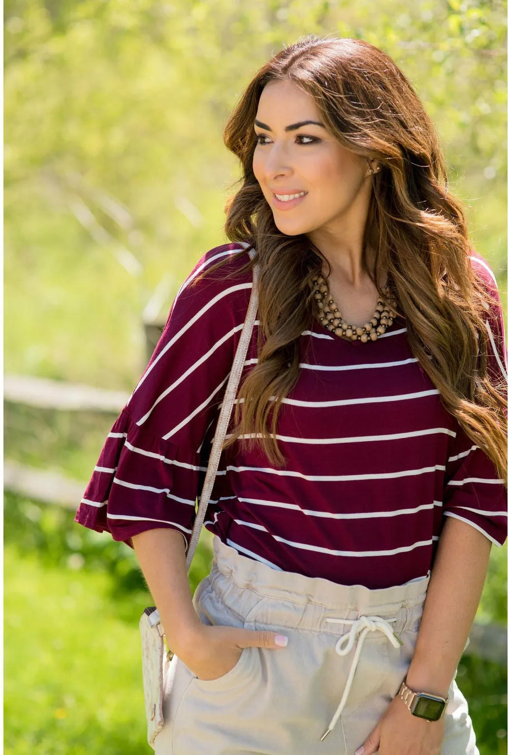 3/4 Bell Sleeve Striped Tee