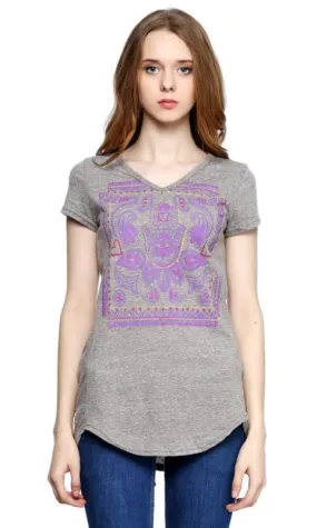 39436 V-Neck Printed T-Shirt - Heather Grey