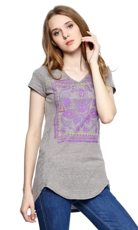 39436 V-Neck Printed T-Shirt - Heather Grey