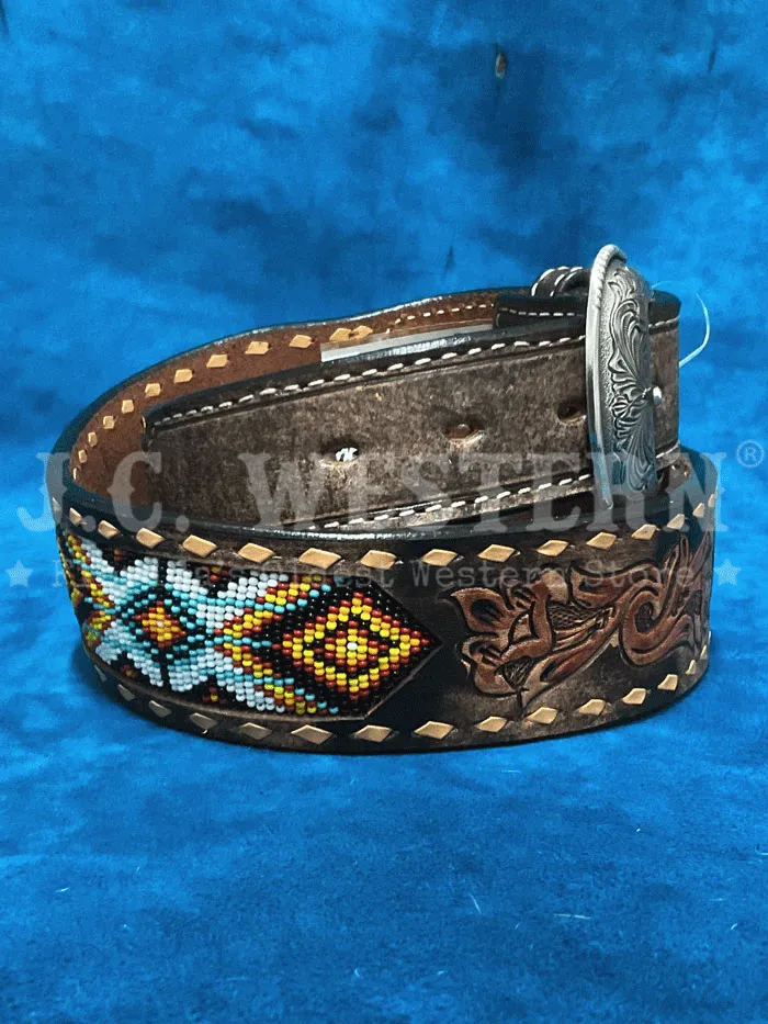 3D D100013402 Mens Buck Lacing Beaded Inlay Belt Brown