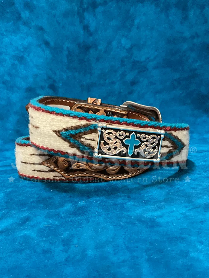 3D D100016408 Mens Wool Southwestern Turquoise Cross Belt Tan