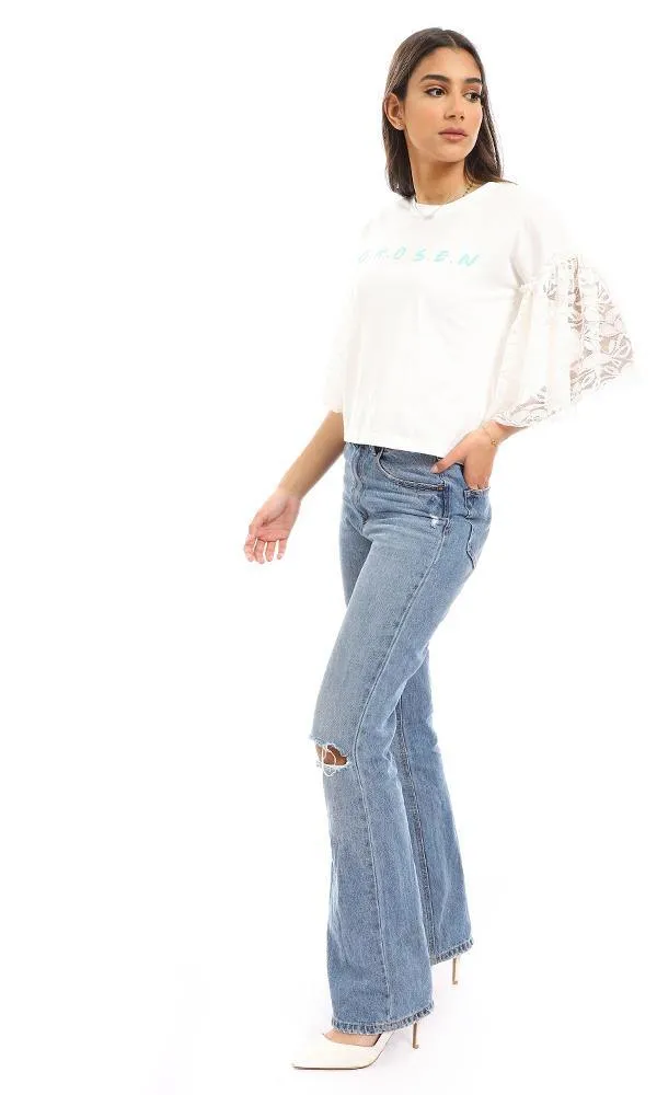 56727 Lace Bell Sleeves Printed T-Shirt - Off White