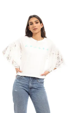 56727 Lace Bell Sleeves Printed T-Shirt - Off White