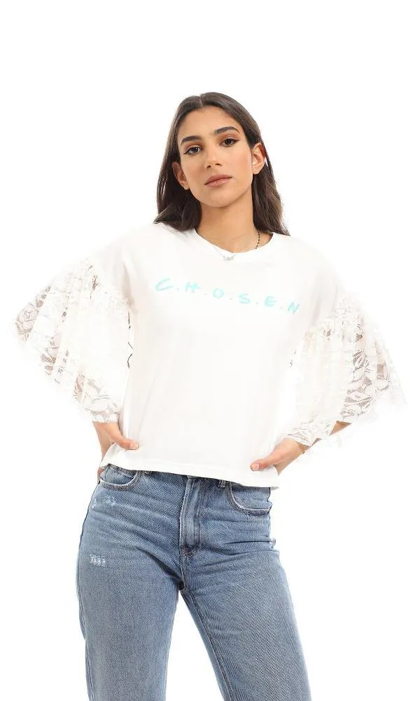 56727 Lace Bell Sleeves Printed T-Shirt - Off White