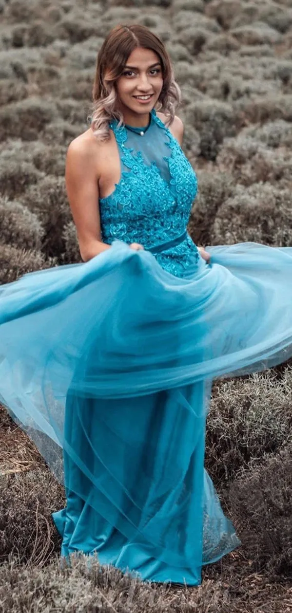 A Line Blue Halter Neck Tulle Modest Prom Dresses PD006