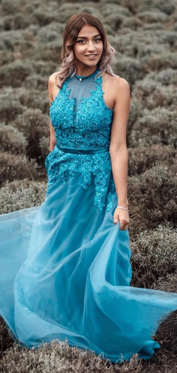 A Line Blue Halter Neck Tulle Modest Prom Dresses PD006