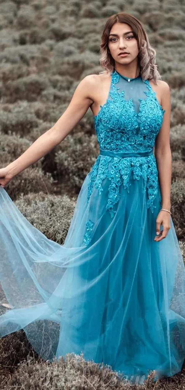 A Line Blue Halter Neck Tulle Modest Prom Dresses PD006