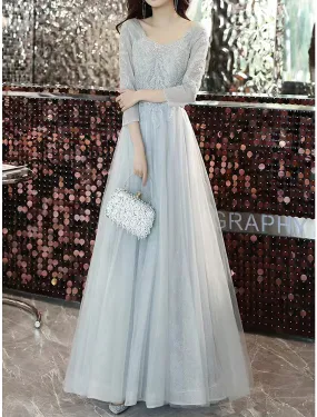 A-Line Evening Gown Glittering Dress Black Tie Gala Floor Length 3/4 Length Sleeve V Neck Tulle with Beading Appliques