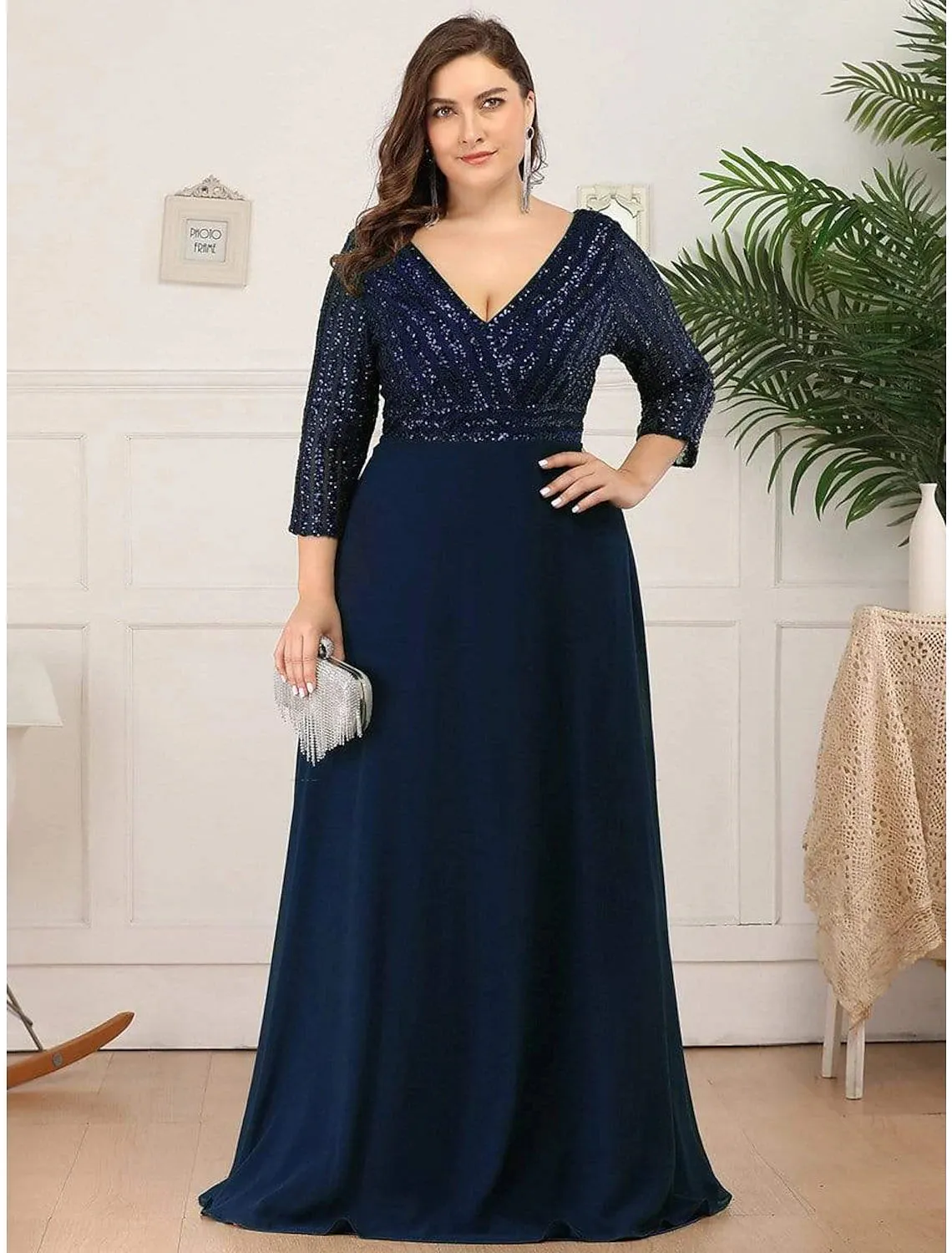 A-Line Evening Gown Plus Size Dress Wedding Guest Black Tie Floor Length 3/4 Length Sleeve V Neck Chiffon V Back with Sequin