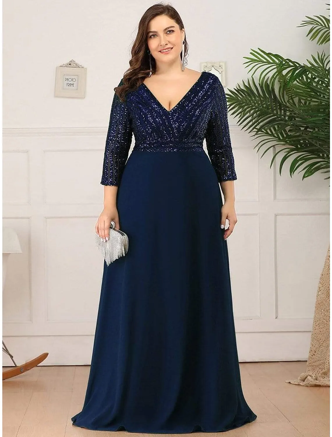 A-Line Evening Gown Plus Size Dress Wedding Guest Black Tie Floor Length 3/4 Length Sleeve V Neck Chiffon V Back with Sequin