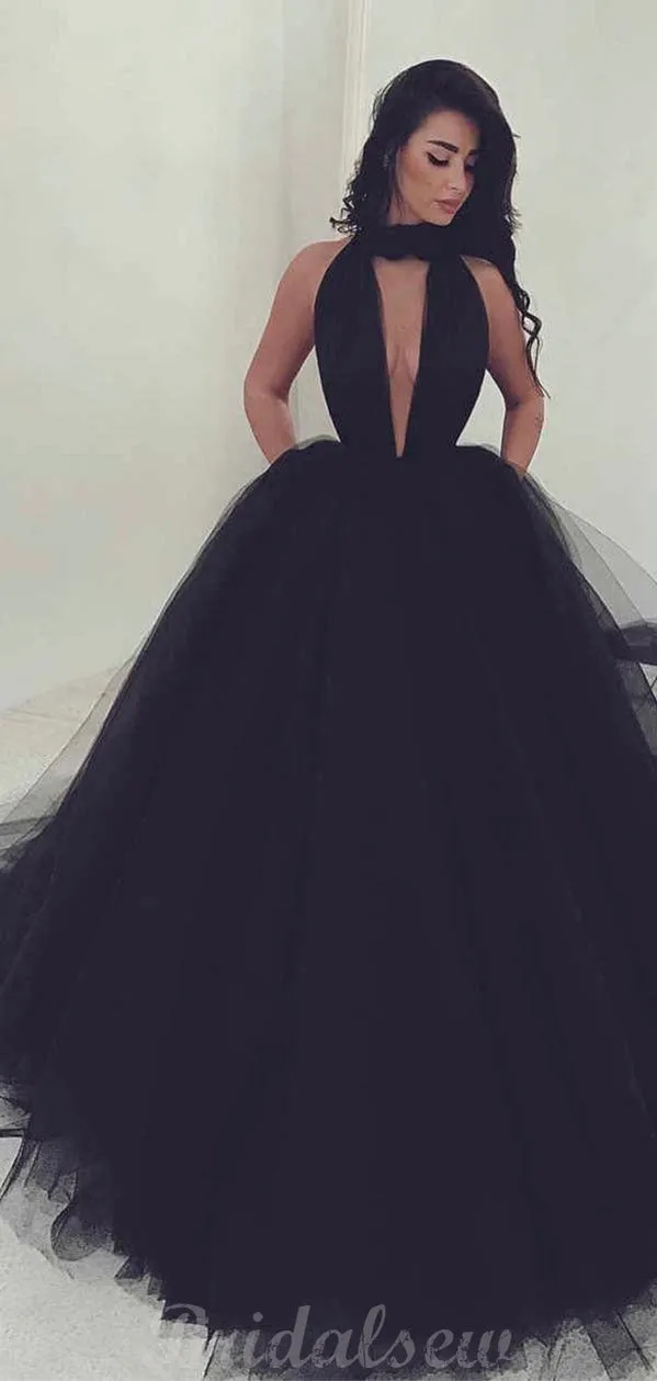 A-line Halter Black Tulle Evening Modest Long Prom Dresses Online PD120