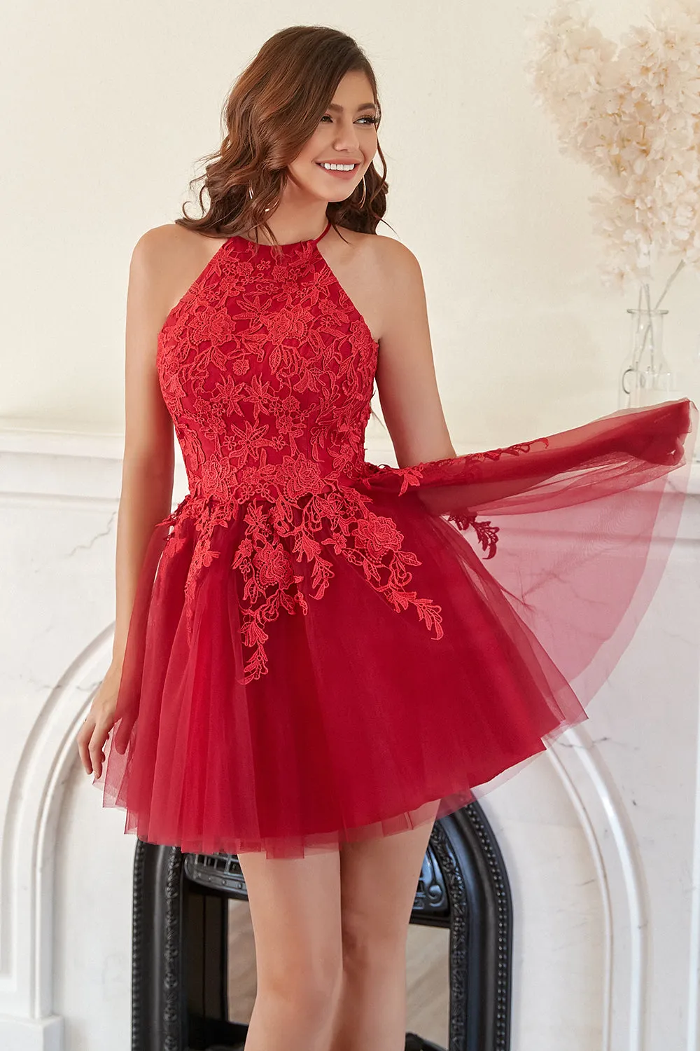 A Line Halter Red Short Homecoming Dress with Appliques