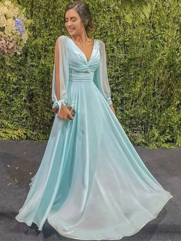 A-line Long Sleeves V-Neck Fairy Modest Evening Long Prom Dresses PD327