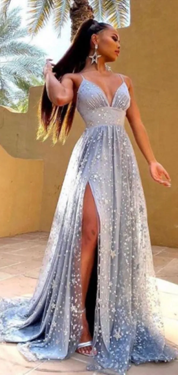 A-line Sparkly Unique Sequin Modest Party Formal Long Evening Prom Dresses PD284