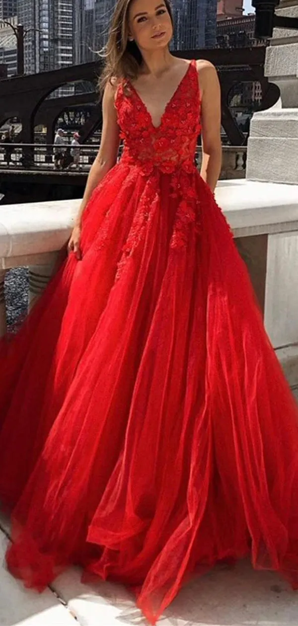 A-line V Neck Appliques Red Lace Vintage Long Formal Prom Dresses PD210