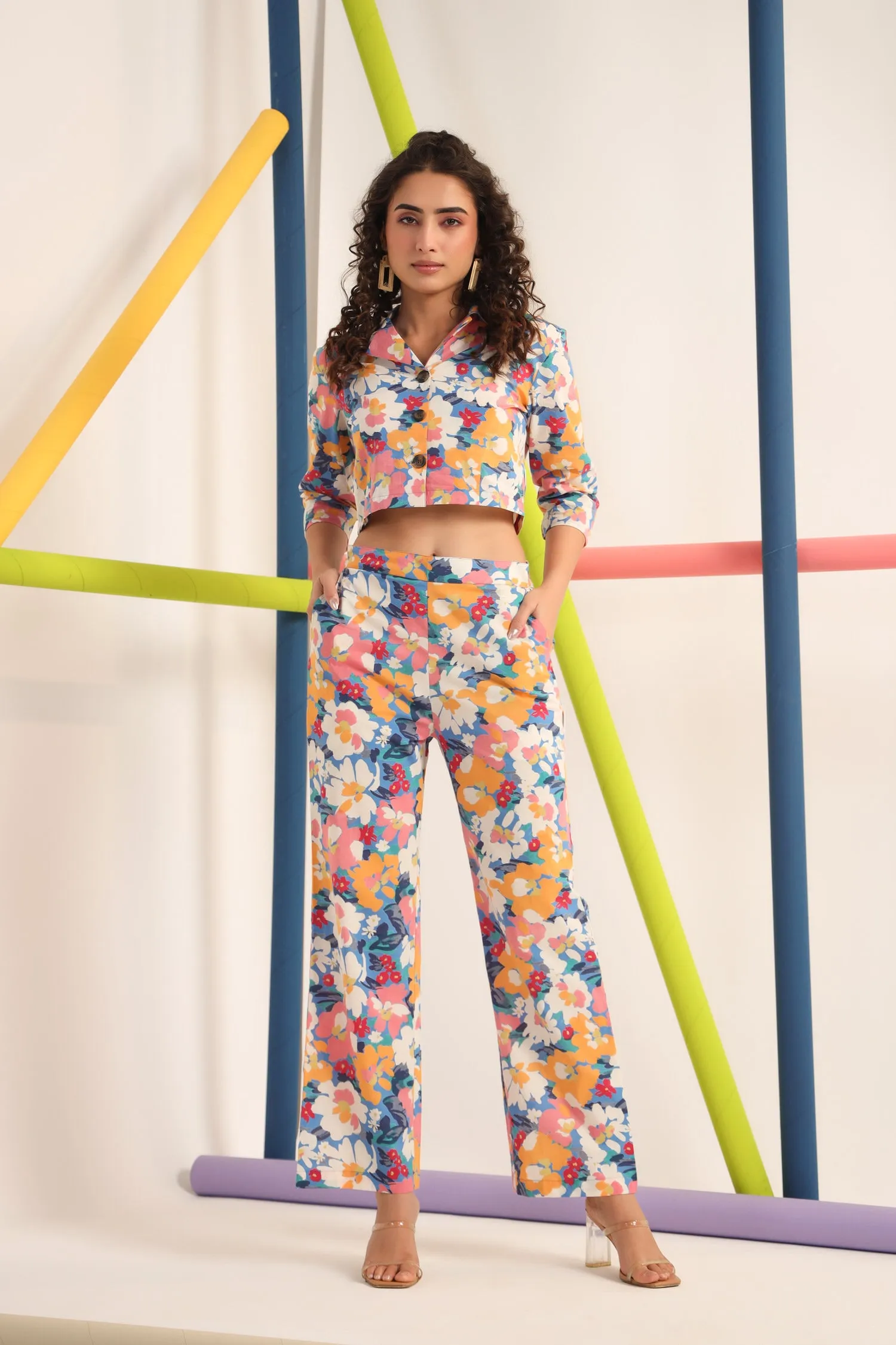 Abstract Floral On Buttoned Cotton Co-ord Set