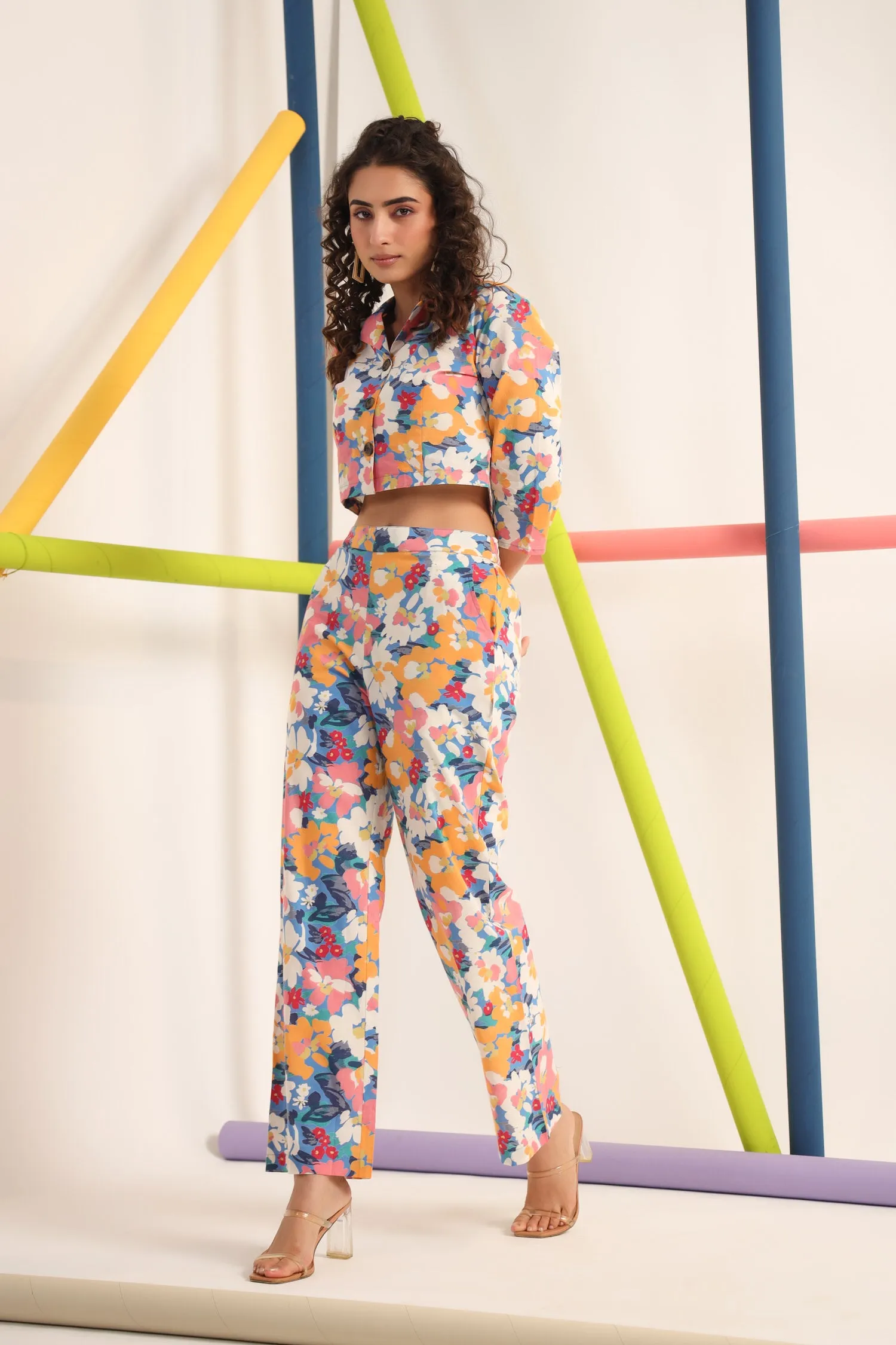 Abstract Floral On Buttoned Cotton Co-ord Set