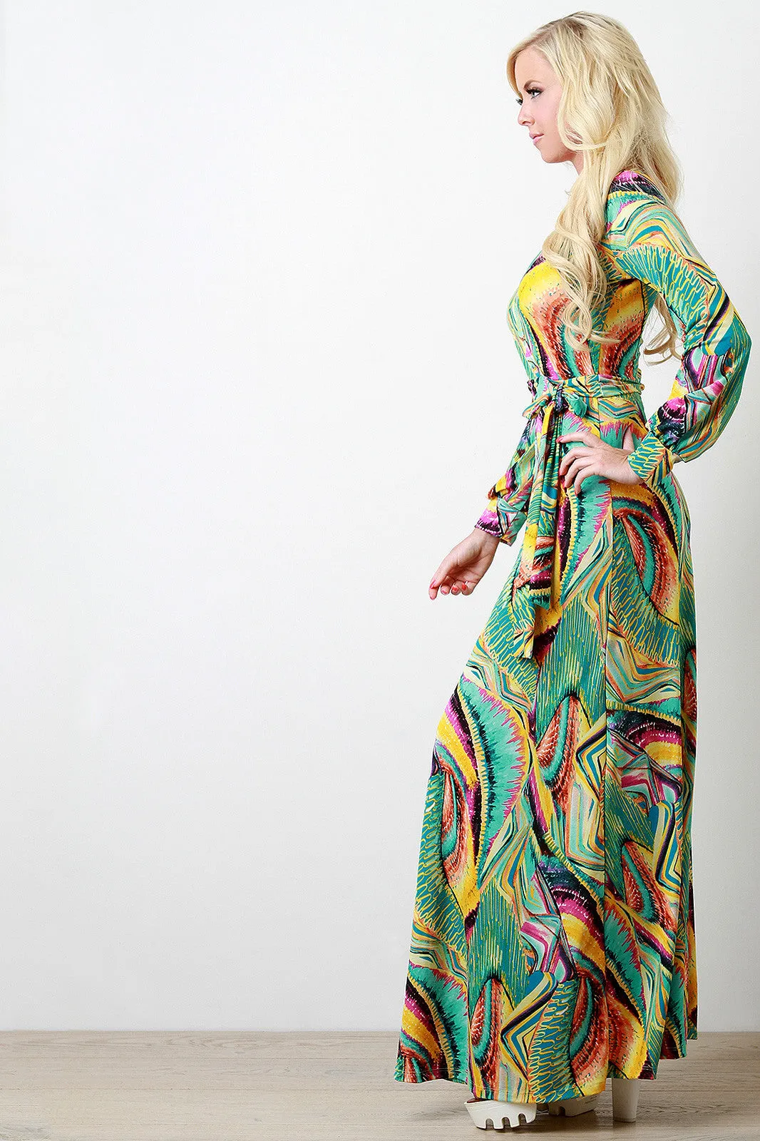 Abstract Neon Print Surplice Longsleeve Dress