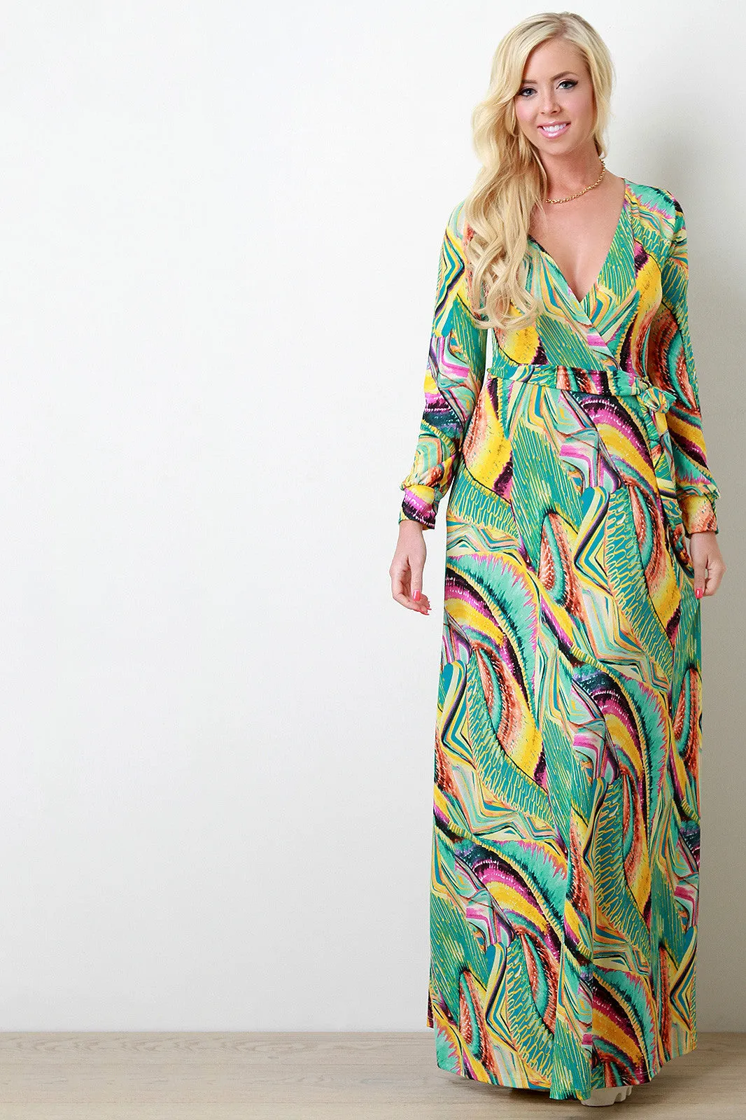 Abstract Neon Print Surplice Longsleeve Dress